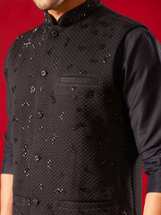 Men's Black Viscose Jacket, Kurta and Pyjama Set