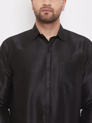 Men's Black and White Silk Blend Shirt And Mundu