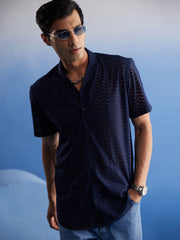 Men's Navy Blue Net Ethnic Shirt