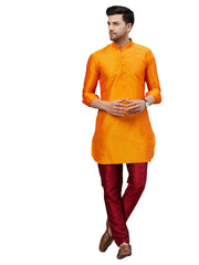 Men's Orange And Maroon Cotton Blend Kurta Pyjama Set