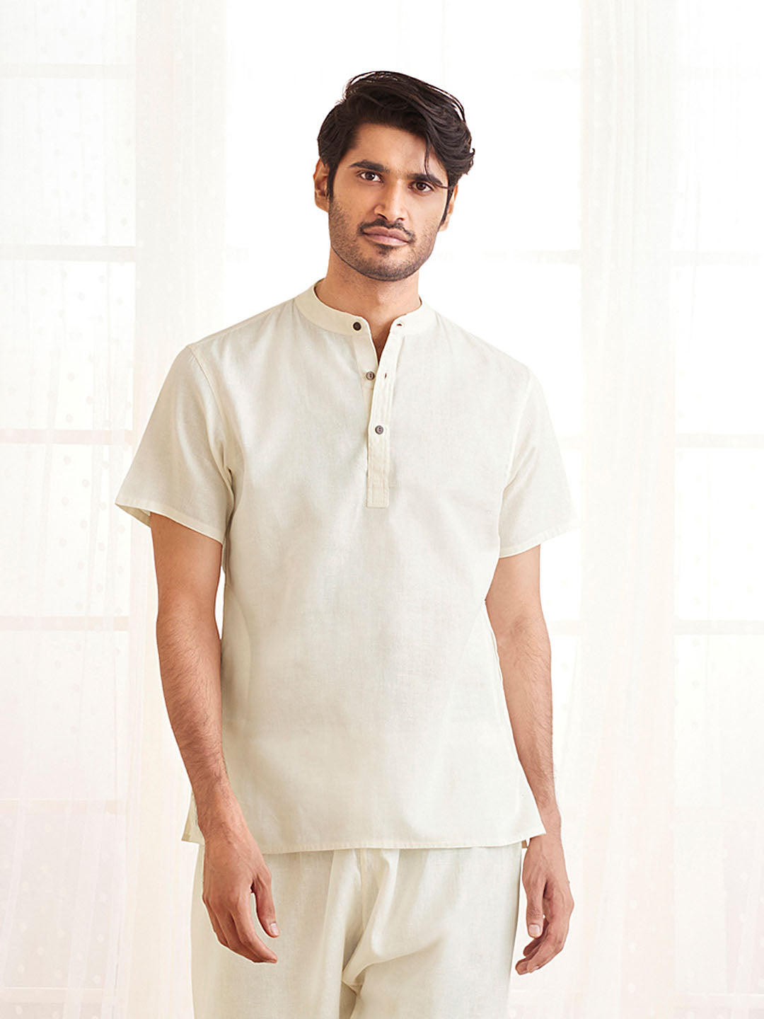 Men's White Cotton Short Kurta