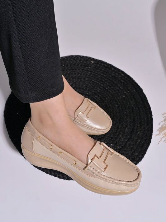 Shoetopia upper Buckle Detailed Beige Loafers For Women & Gilrs