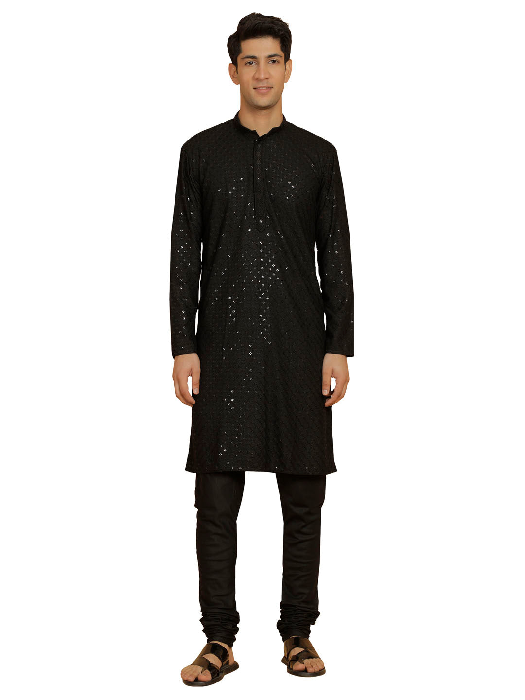 Men's Black Cotton Blend Kurta And Pyjama Set