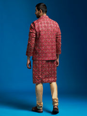 Men's Red Chinon Jacket,Kurta And Pyjama Set.