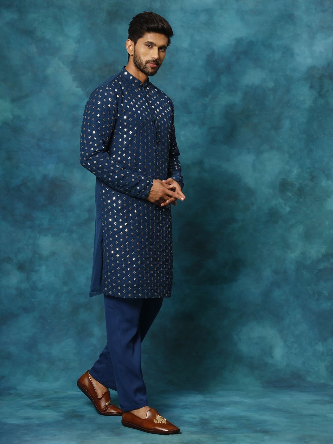 Men's Navy Blue Georgette Kurta Pyjama Set