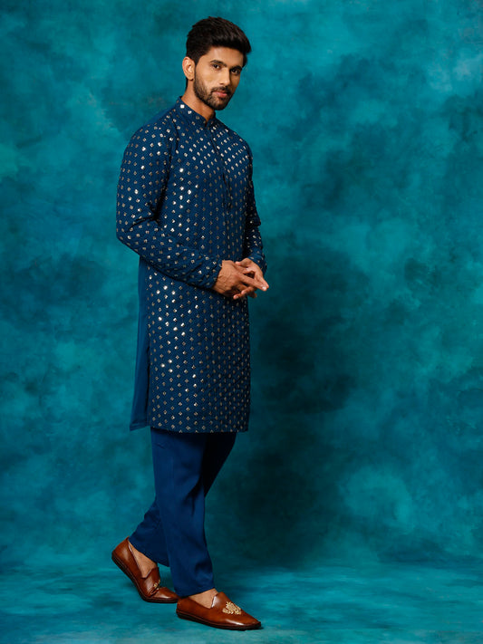 Men's Navy Blue Georgette Kurta Pyjama Set