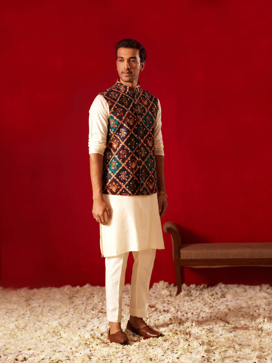 Men's Purple And Cream Viscose Jacket, Kurta and Pyjama Set