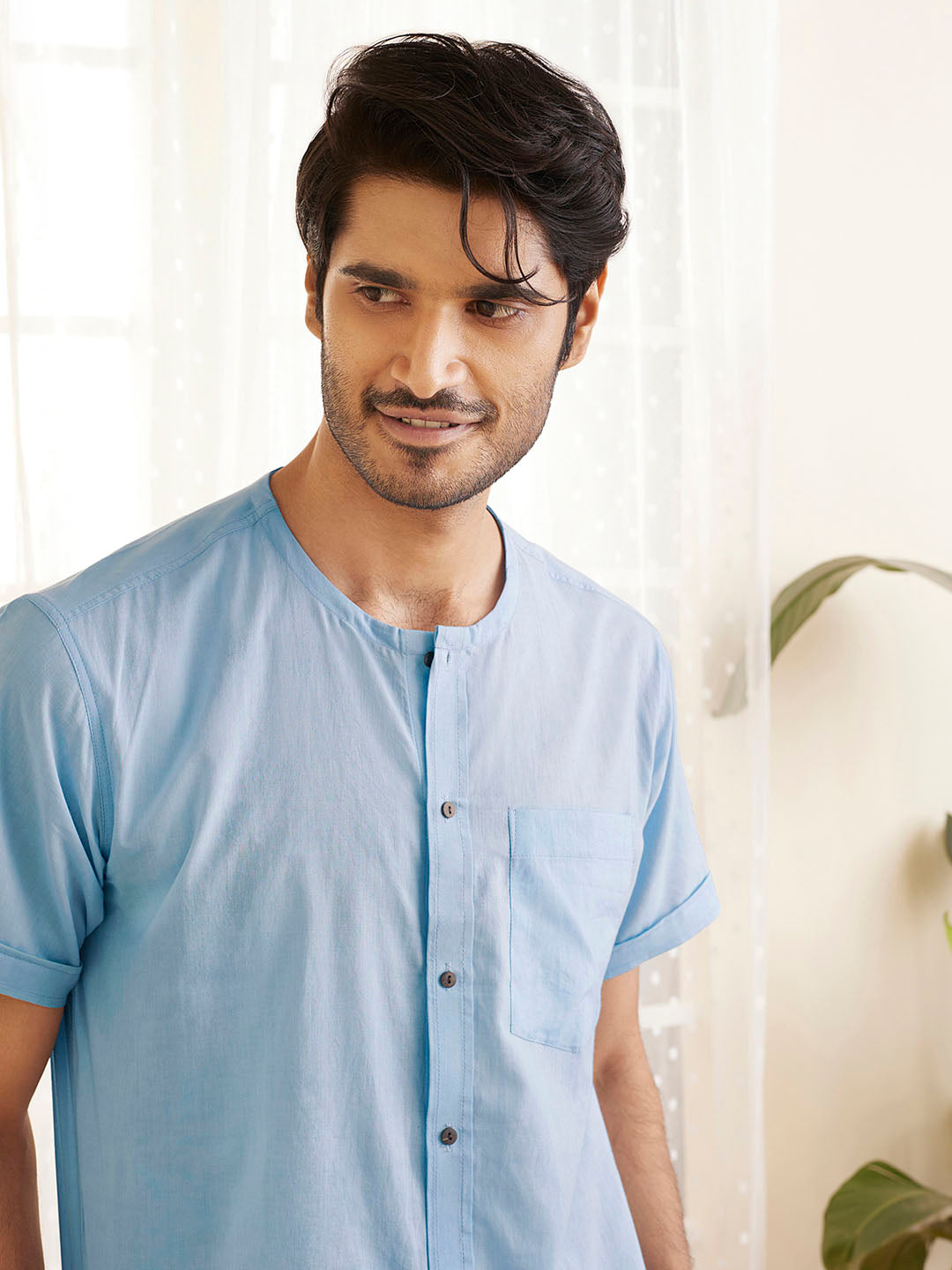 Men's Aqua Cotton Short Kurta