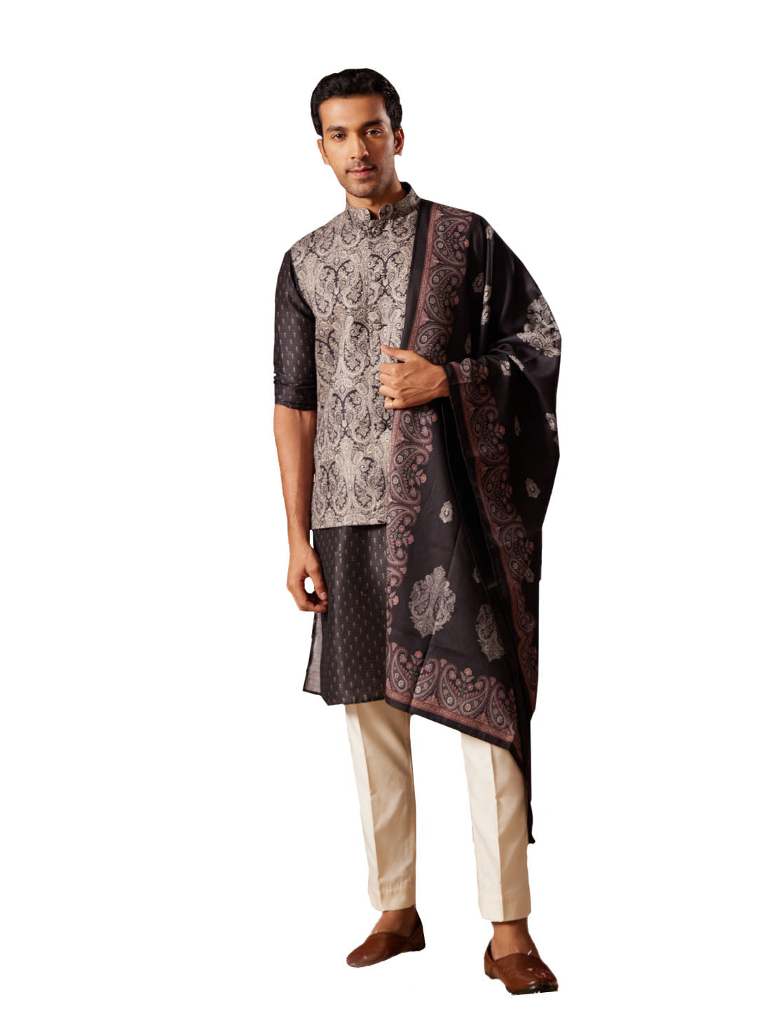 Men's Black Cotton Silk Jacket, Kurta, Pyjama and Dupatta Set