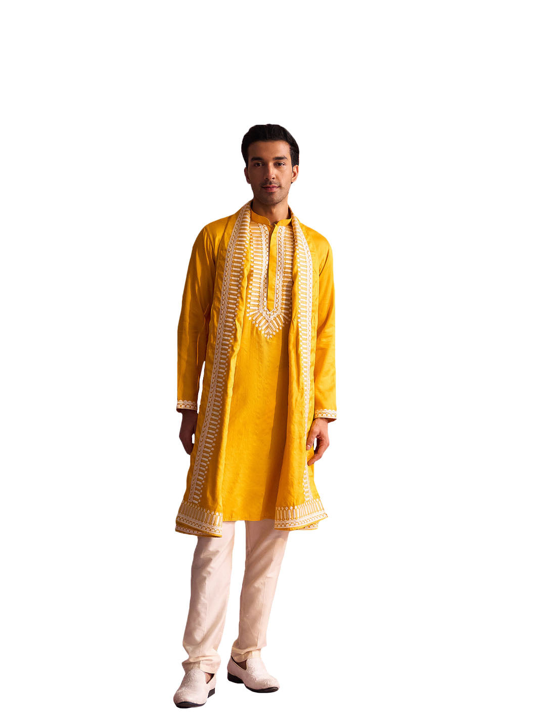 Men's Yellow And Cream Moonga Silk Kurta, Pyjama & Dupatta Set