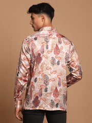 Men's Multicolored-Base-Brown Satin Ethnic Shirt