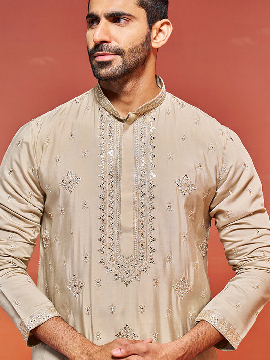 Men's Gray And Cream Silk Blend Kurta And Pyjama Set