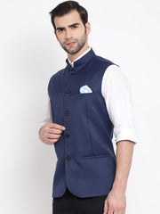 Men's Navy Blue Cotton Silk Nehru Jacket