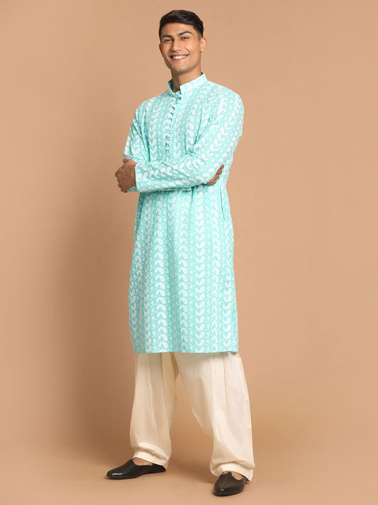 Men's Green And Cream Pure Cotton Kurta and Patiala Set