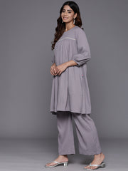 Women Grey Cotton Lace And Gather Detailed Co-Ord