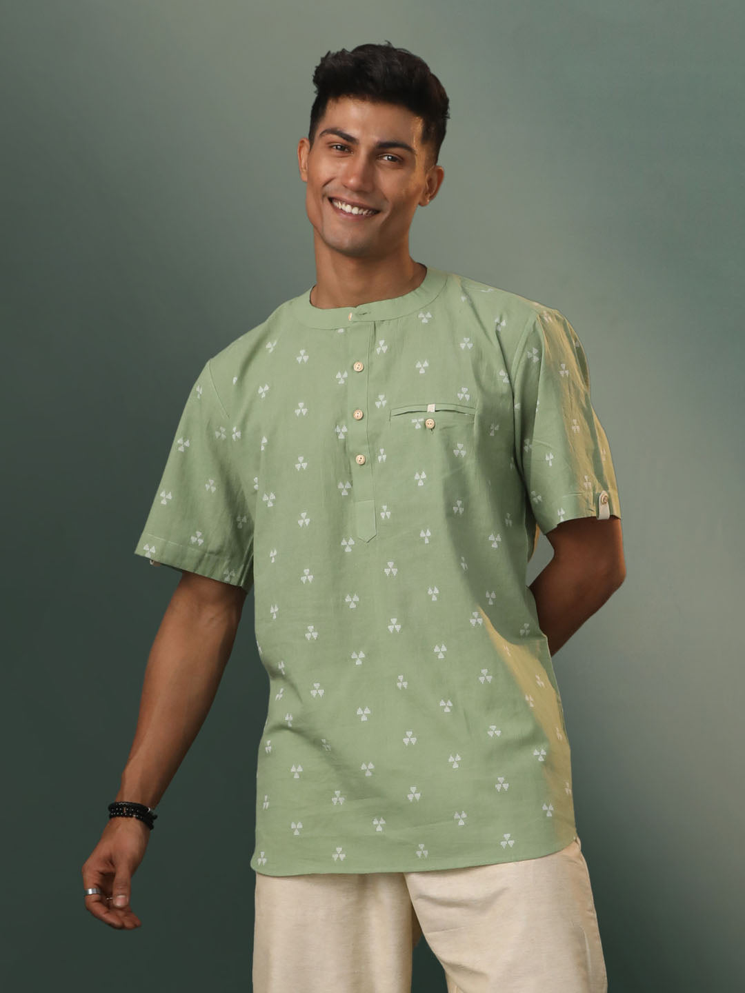 Men's Green Cotton Short Kurta