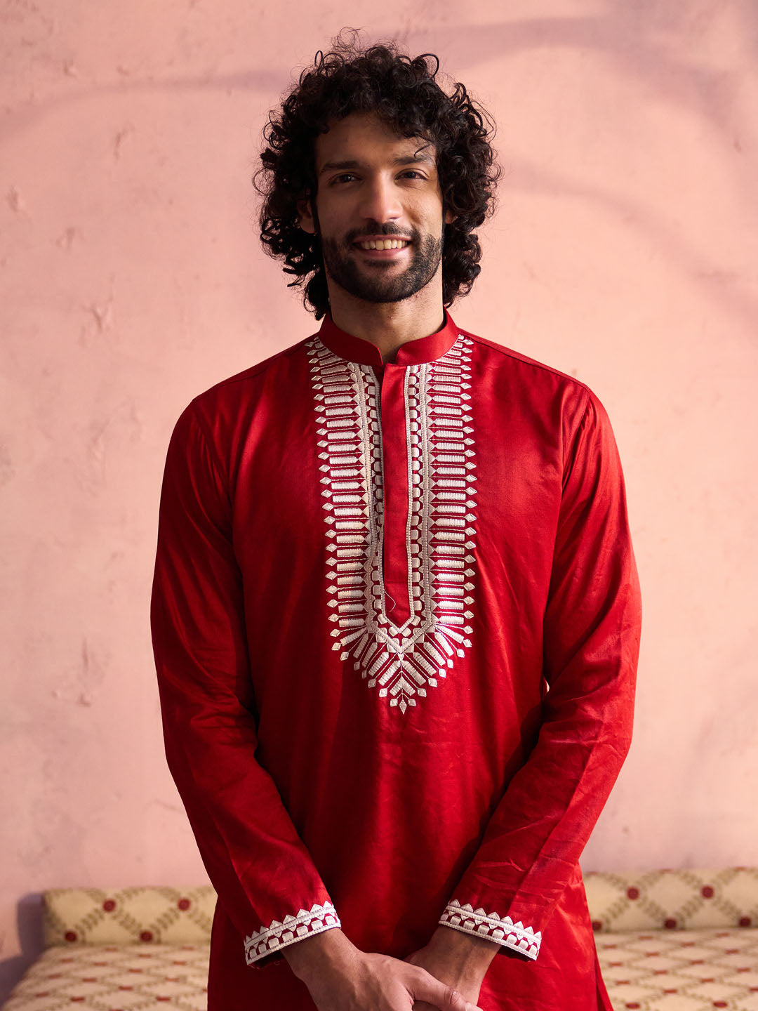 Men's Red Moonga Silk Kurta