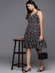 Varanga Women Black Floral Printed V-Neck Tiered Dress With Flared Hem