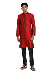 Men's Maroon And Black Silk Blend Kurta Pyjama Set