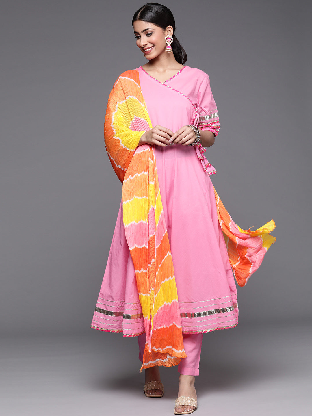 pink flared angrakha kurta set with multi colour leheriya dupatta