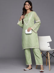 Women Green Kota Check Cotton Lace Short Kurta With Bottom