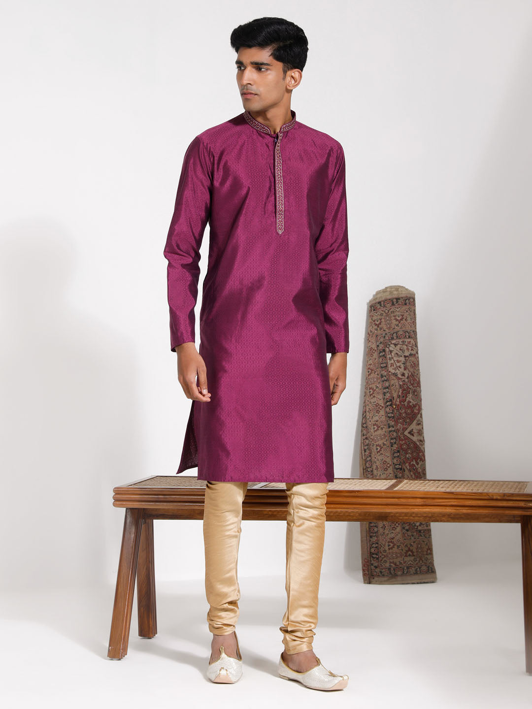 Men's Purple And Cream Silk Blend Kurta Pyjama Set