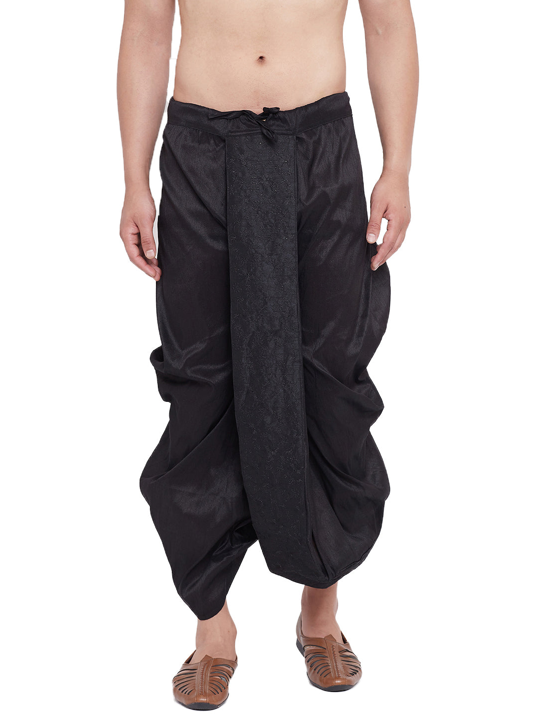 Men's Black Silk Blend Embroidered Dhoti