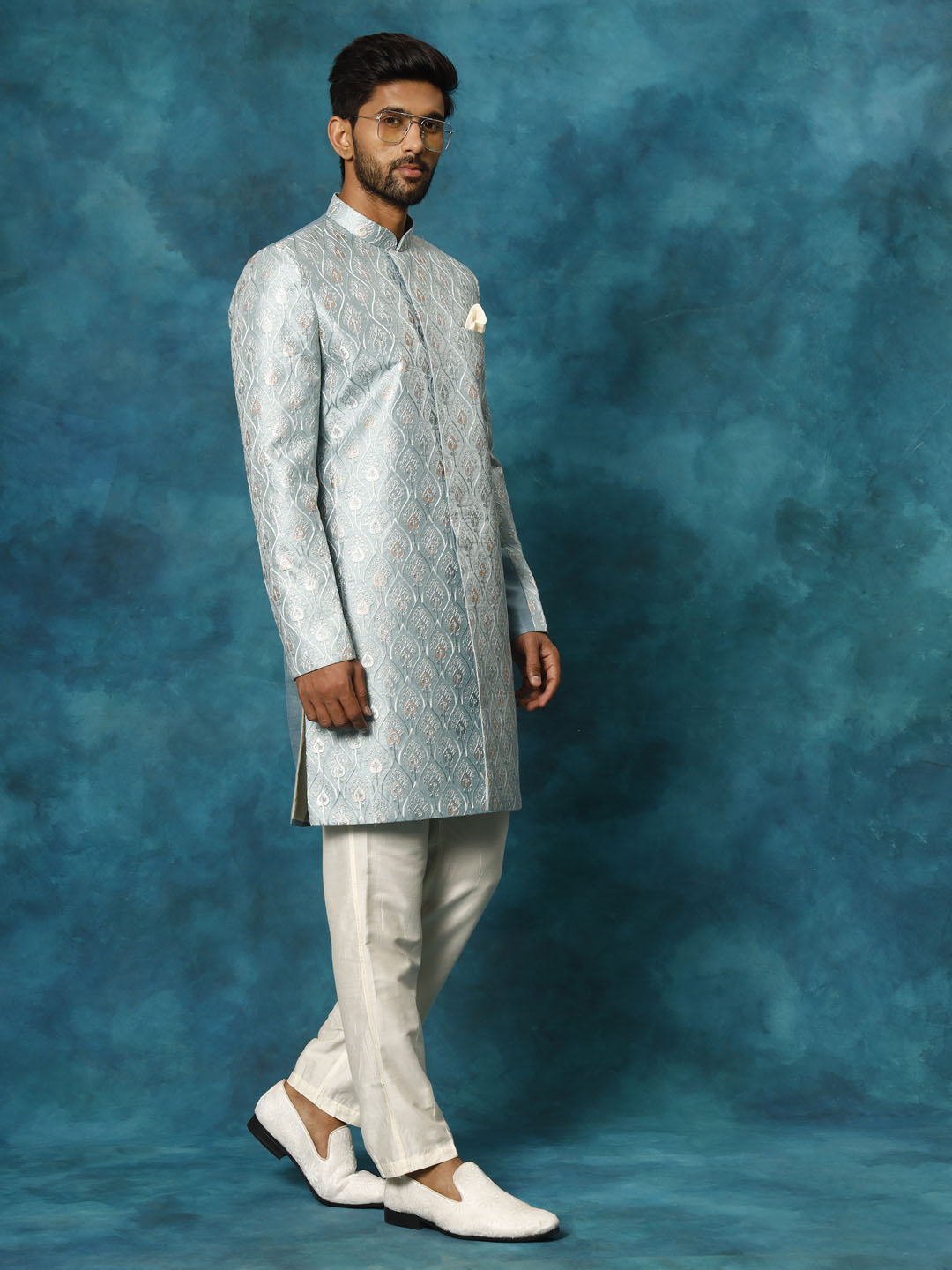 Men's Mint Green And Cream Silk Blend Sherwani Set