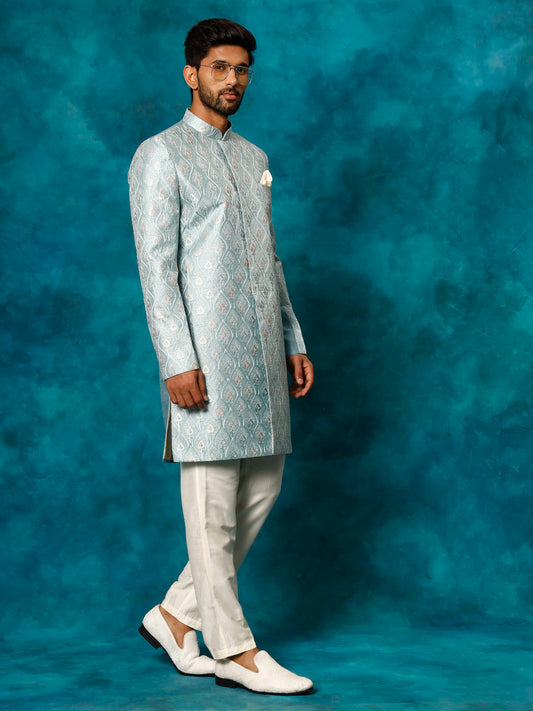 Men's Mint Green And Cream Silk Blend Sherwani Set