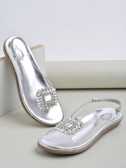 Shoetopia Embellished Silver Flat Sandals For Women & Girls