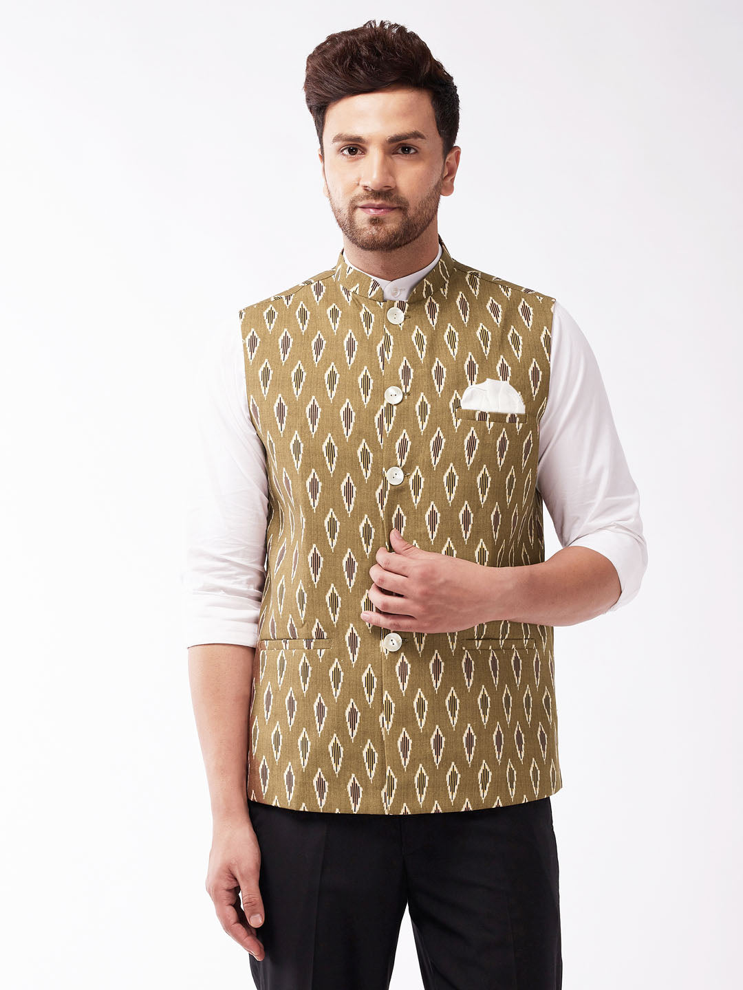 Men's Multicolor-Base-Green Cotton Nehru Jacket