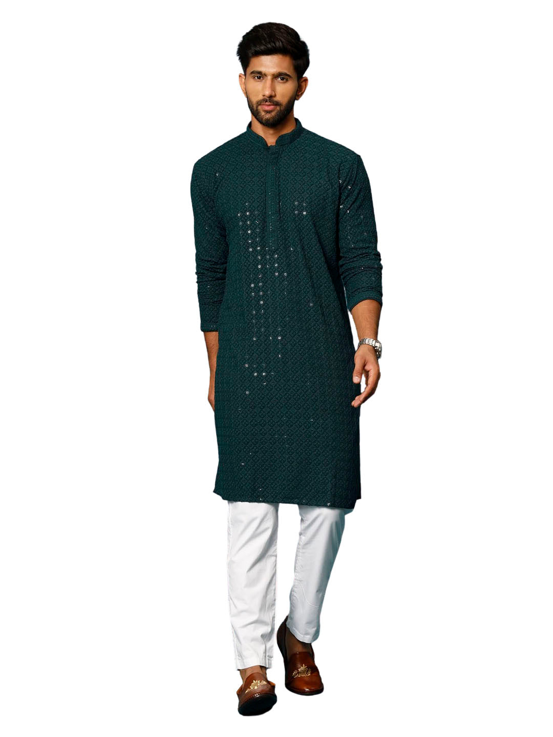 Men's Green And White Rayon Cotton Kurta Pyjama Set