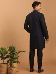 Men's Navy Blue And Black Silk Blend Kurta Pyjama Set