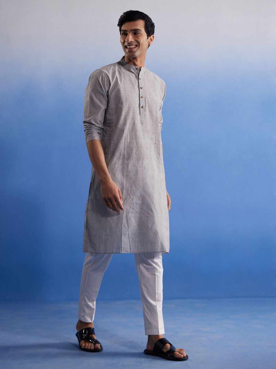 Men's Grey And White Pure Cotton Kurta Pyjama Set