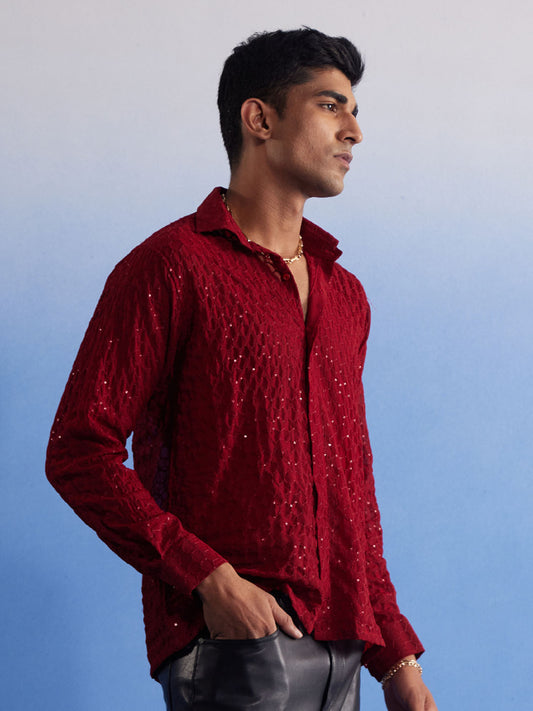 Men's Maroon Georgette Ethnic Shirt