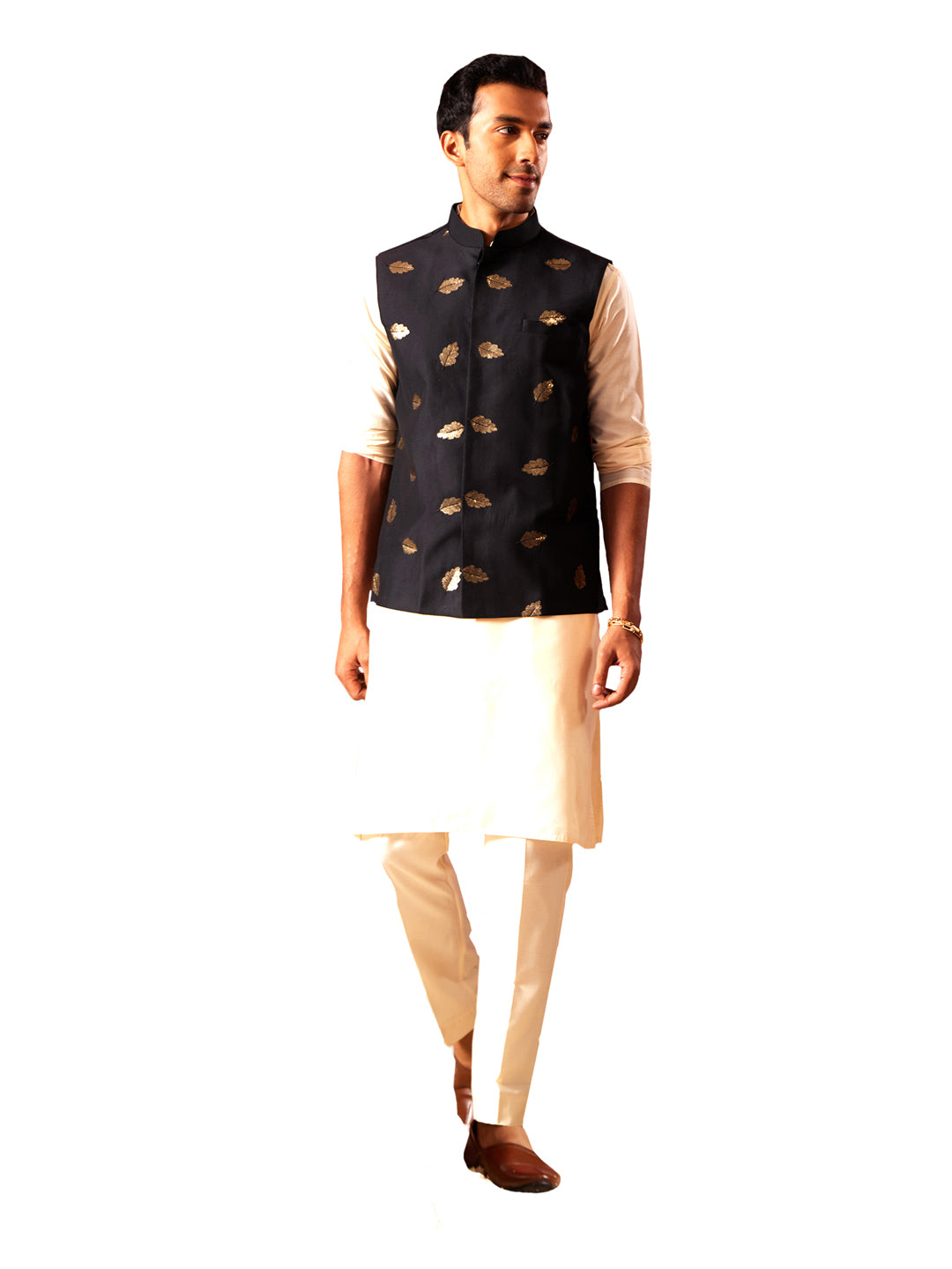 Men's Cream Viscose Jacket, Kurta and Pyjama Set