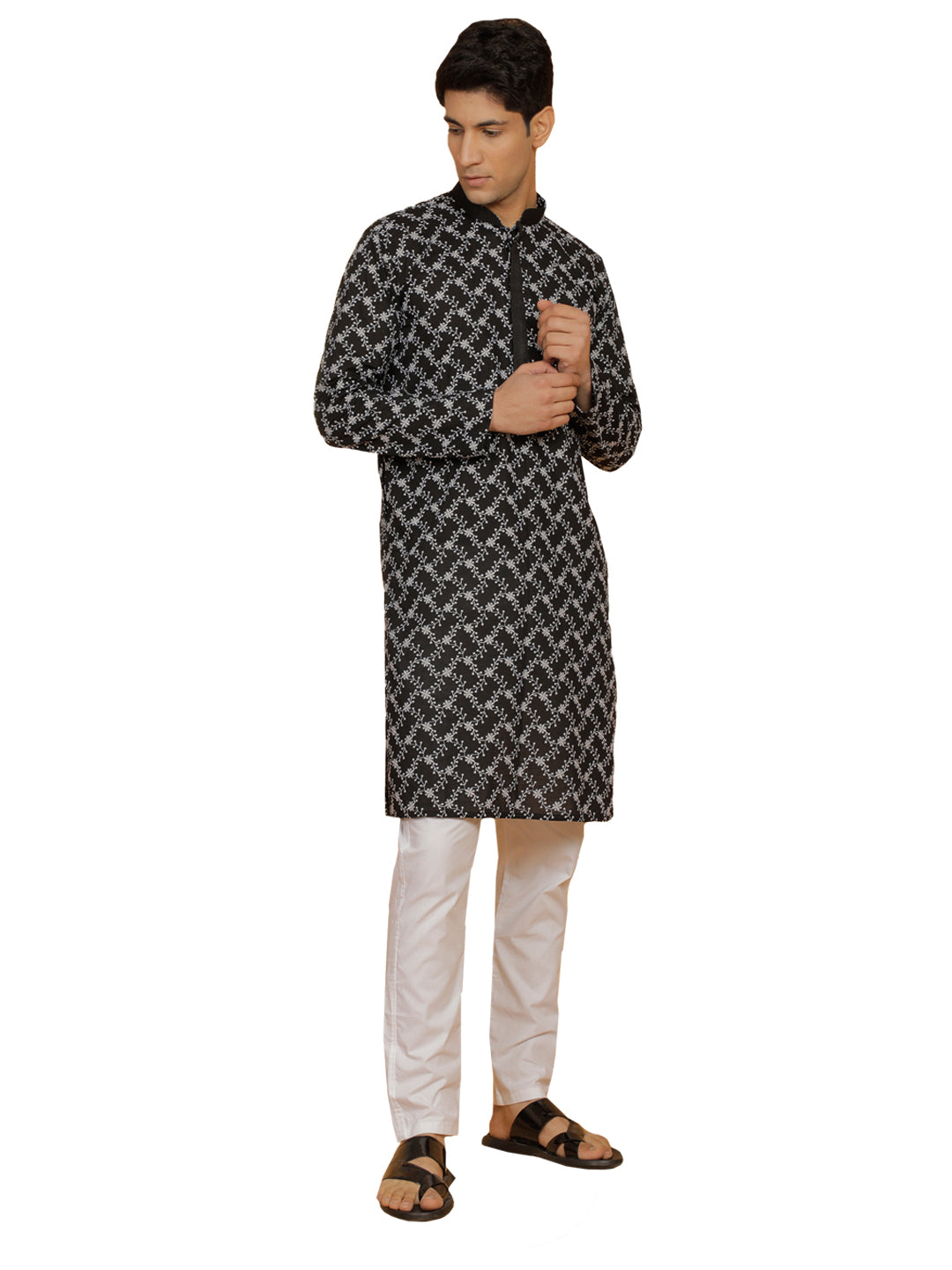 Men's Black And White Cotton Kurta And Pyjama Set