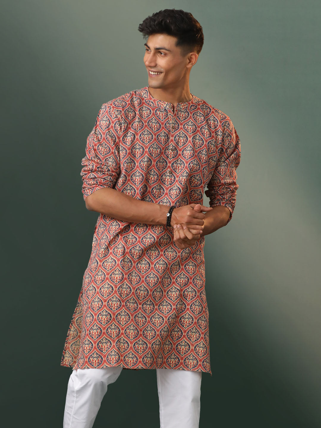 Men's Multicolor Base Red Cotton Kurta