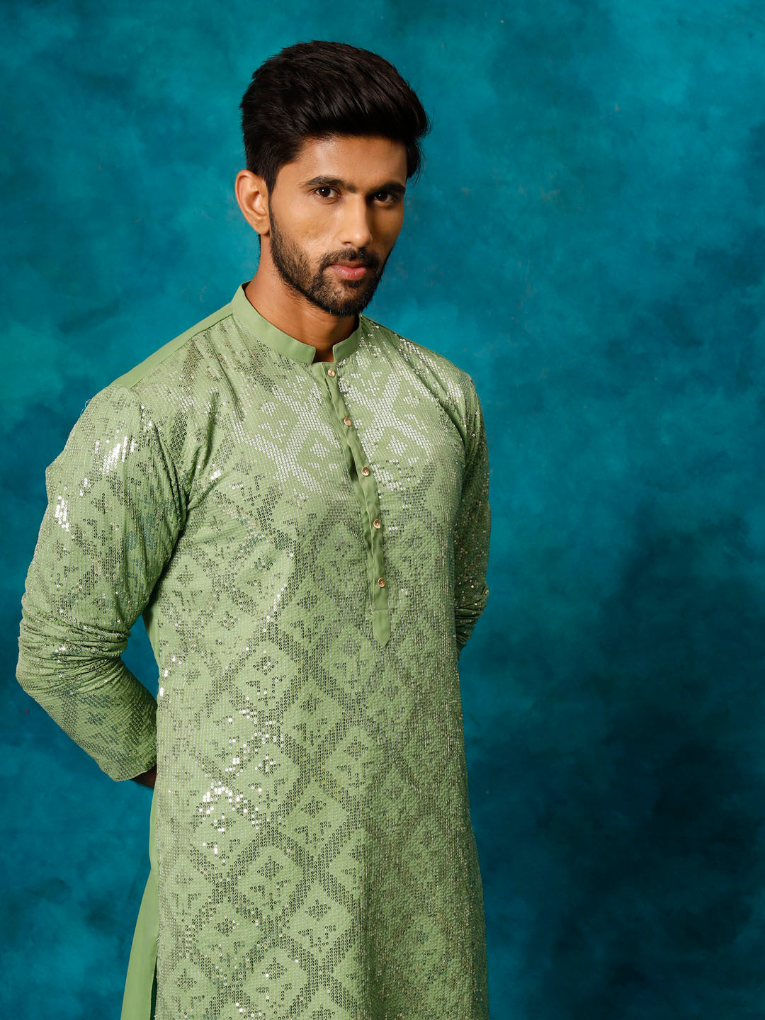 Men's Mint Green Georgette Kurta Pyjama Set