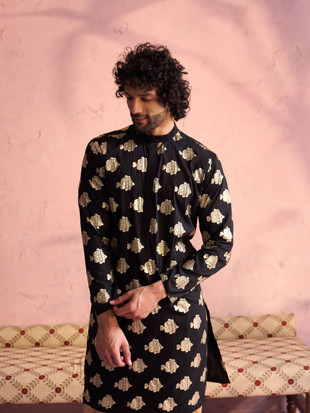 Men's Black And Rose Gold Viscose Kurta and Patiala Set