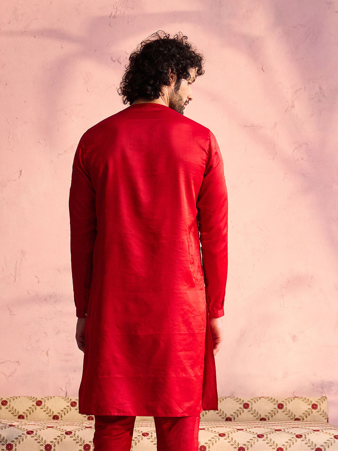 Men's Red Moonga Silk Kurta