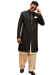 Men's Black And Cream Viscose Sherwani Set