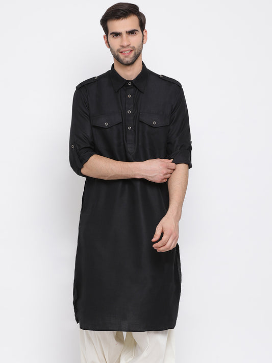 Men's Black Cotton Blend Pathani Kurta