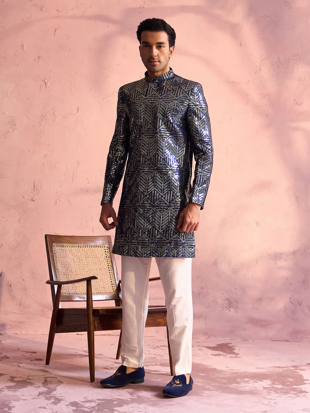 Men's Navy Blue Georgette Sherwani Only Top