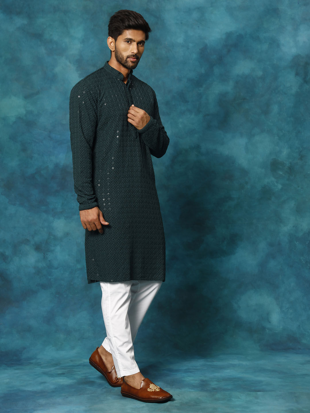 Men's Green And White Rayon Cotton Kurta Pyjama Set