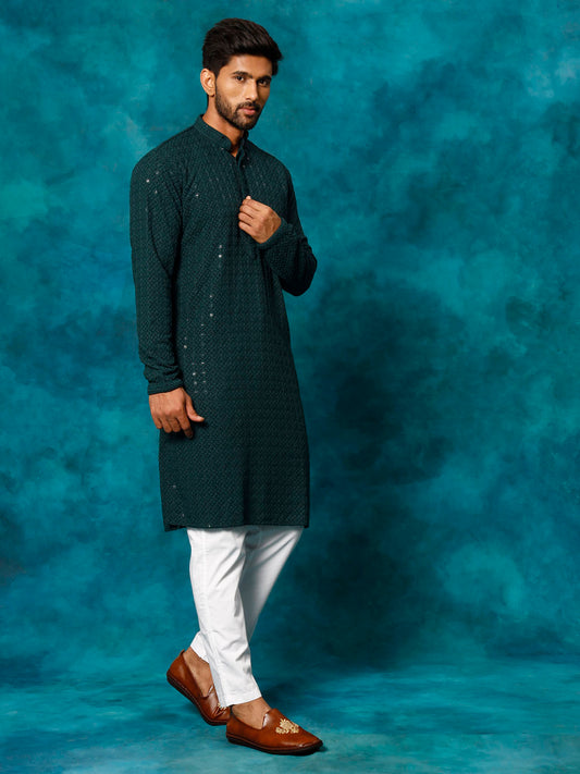 Men's Green And White Rayon Cotton Kurta Pyjama Set