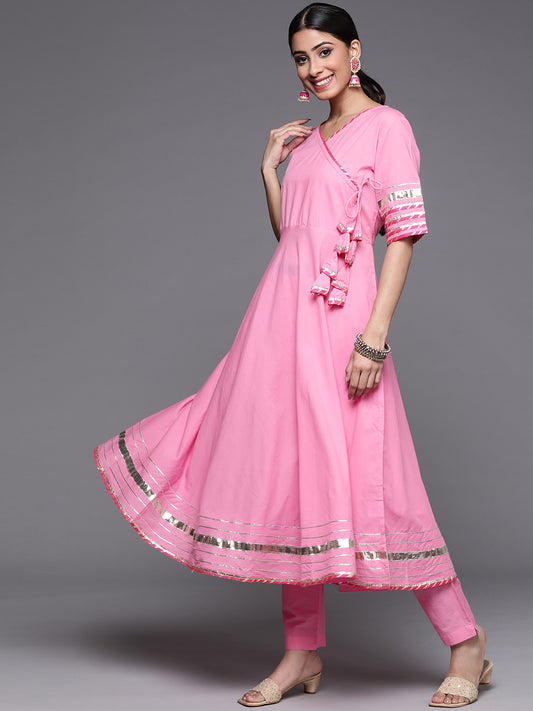 Women Pink Flared Angrakha Kurta Set With Multi Colour Leheriya Dupatta