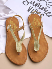 Shoetopia Metallic Ethnic Golden Flat Sandals For Women & Girls