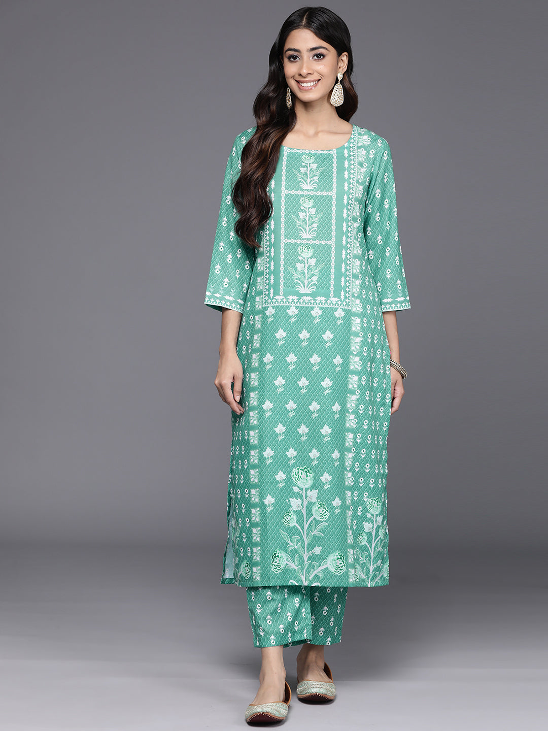 Women Sea Green Printed Kurta Set Paired With Printed Bottom