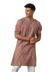 Men's Multicolor Base Red Cotton Kurta